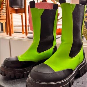 Green and Black Moto Boots with Chunky Sole